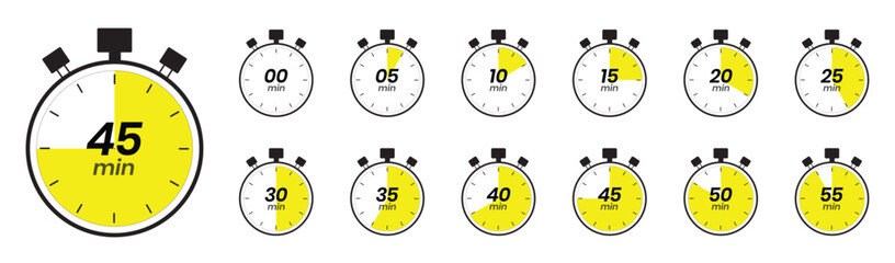 Collection of stopwatch icons showing time intervals from zero to fifty five minutes