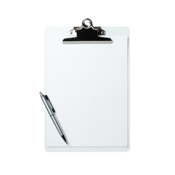 A white clipboard with a black plastic clip on transparent background