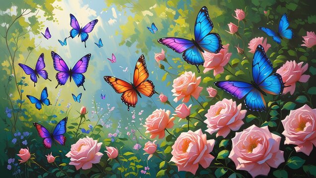 cute colourful butterflies fly freely in a flower garden with pink flowers and greenary vibe