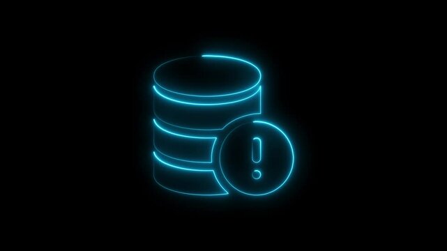Glowing neon database warning symbol with exclamation point on black background
