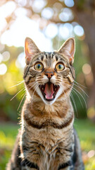 Obraz premium Surprised brown tabby cat staring with big eyes and open mouth outdoors in sunlight