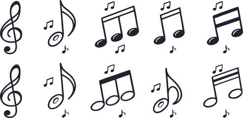 Vector art of a collection of musical notes and a clef symbol, isolated on white background.