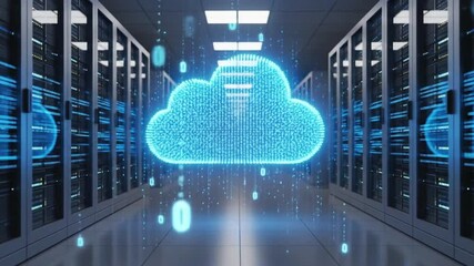 A glowing blue cloud icon hovers in a modern server room - Powered by Adobe
