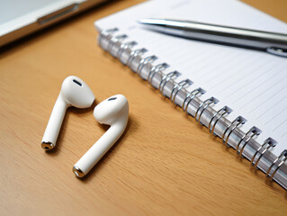 Work from home essentials a laptop notebook pen and wireless earphones