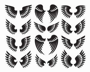 Obraz premium Black wings silhouette vector set, the wings set is ideal for logo, emblem, badge design. Versatile for art, heraldry, animal symbolism. Ranging from simple to intricate feather or scale details