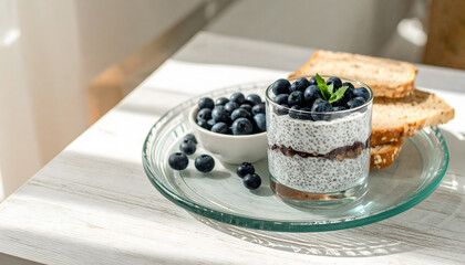 A refreshing chia pudding topped with blueberries and mint, served with a side of fresh blueberries and slices of bread on a glass plate.