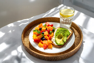 A healthy breakfast featuring avocado toast with cream cheese, a vibrant fruit salad with various berries and melon, and a glass of lemon water, served on a woven tray.