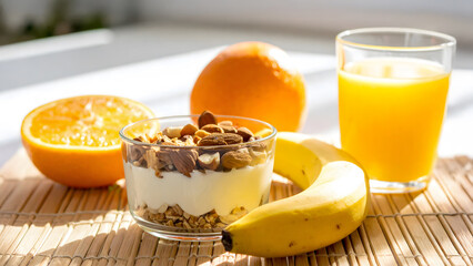 A delicious yogurt parfait layered with nuts and granola, served with orange slices, a banana, and a glass of orange juice on a bamboo mat.