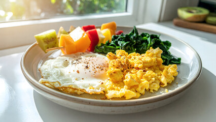A bright breakfast plate featuring a sunny-side-up egg, scrambled eggs, sautéed spinach, and colorful fruit skewers, served by a window with natural light.