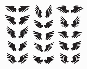 Obraz premium Black wings silhouette vector set, the wings set is ideal for logo, emblem, badge design. Versatile for art, heraldry, animal symbolism. Ranging from simple to intricate feather or scale details