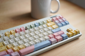 Pastel Mechanical Keyboard with a Cup in Background