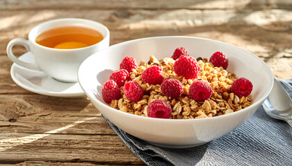 A bowl of granola topped with fresh raspberries, served alongside a cup of tea on a rustic wooden table.