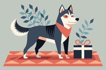 Stylish Husky Dog with Gift on Geometric Rug
