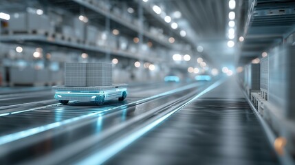 Futuristic warehouse scene with a glowing, automated cart transporting stacked boxes. The atmosphere is sleek and efficient, evoking a sense of advanced technology and innovation.   