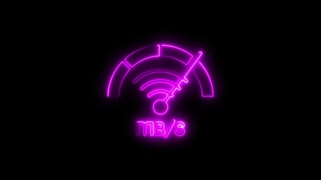 Glowing neon wifi speedometer illustrating megabits per second on a black background