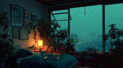 Tranquil Lofi bedroom with Rain Ambience for lofi Rain