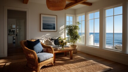 sunlit cottage living room with wicker ceiling lamp, rattan armchair