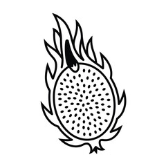 Stylized black and white illustration of a dragon fruit cut in half