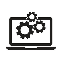 Laptop with gears icon. System settings, optimization, development, and technology concept
