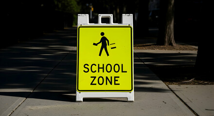 Bright Yellow School Zone Sign Standing on Sidewalk Safety Awareness Campaign