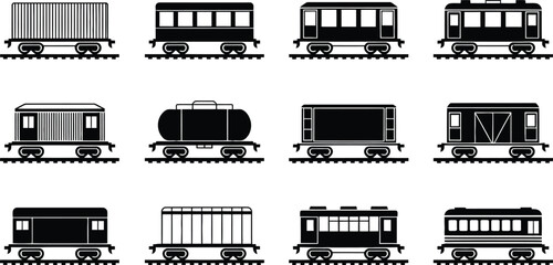 Twelve Black Silhouettes of Railroad Cars on Tracks