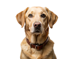 Close up portrait of a friendly yellow labrador retriever dog wearing a collar isolated on white background