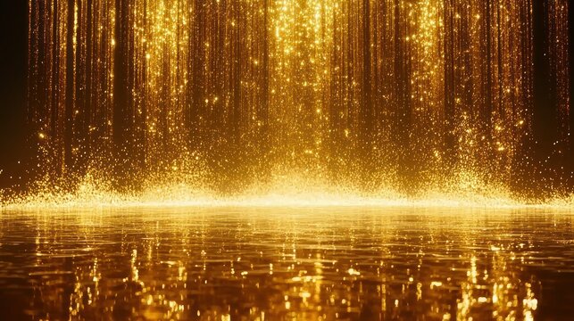 Golden, shimmering waterfall with reflective surface