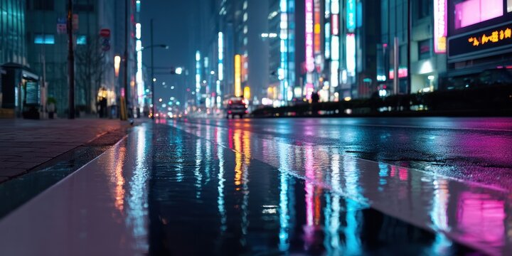 Rainy night in urban cityscape with neon lights and reflections on wet street.