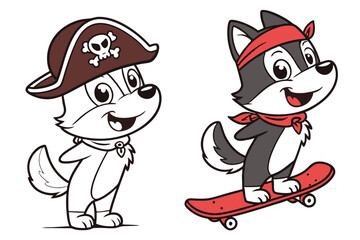 Adorable Cartoon Husky Puppy Pirate and Skater Designs