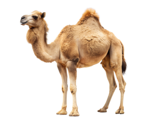 A single dromedary camel standing profile view isolated on white background