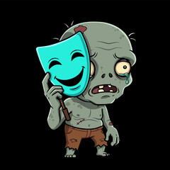 Cartoon zombie with a sad face and tears in one eye holding a cheerful blue mask, wearing torn brown shorts with visible wounds and stitches.