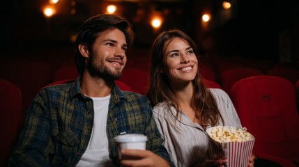 Young couple in green seats movie theatre having fun watching a movie and eating popcorn on red seats