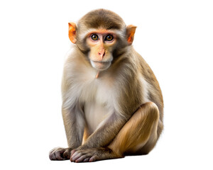 A curious young monkey sits patiently on a white background isolated on white background