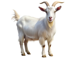 A majestic white goat with horns and beard stands proudly isolated on white background