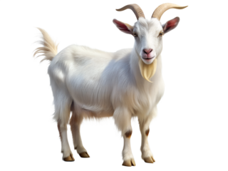 A majestic white goat with horns and beard stands proudly isolated on white background