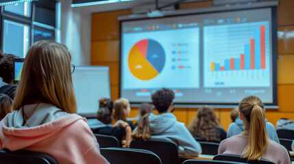 Students for educational seminar and presentation in classroom with large screen with graph.