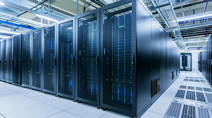 Server cabinets inside large data network center room.