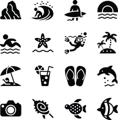 Obraz premium Summer vacation icons set vector illustration beach travel holiday tourism sea ocean activity symbols