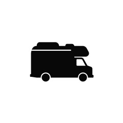 Black silhouette of a camper van on white vehicle travel