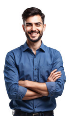 Naklejka premium Confident Young Man Portrait Isolated A medium shot features a young man with short dark hair and a beard, wearing