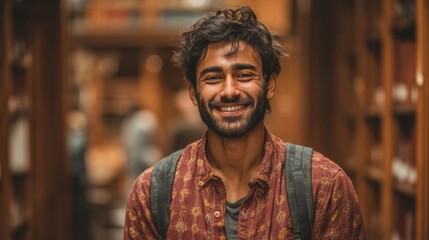 Young smiling Indian male student standing in university library with backpack