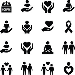 Charity donation love care support help community awareness volunteer organization icon set vector design