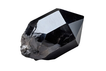 A shiny, black, double-terminated hexagonal crystal with sharp facets and reflective surfaces.