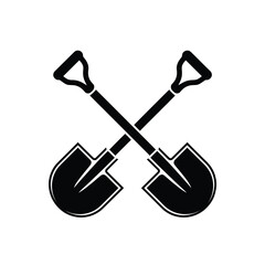 Two crossed black shovels isolated on white background vector graphic