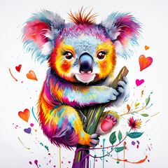 Fototapeta premium Koala multicolor rodeado de estrellas y corazones
