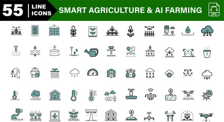 AI Irrigation System Icons – Smart Pump, Soil Sensor, Sprinkler, Water Tracker