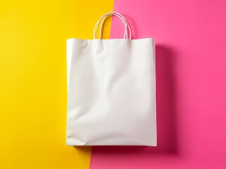 Photorealistic top-down view of a plain white paper shopping bag, crisp edges, subtle texture of the paper fibers, casting a soft shadow on a seamless two-tone background of bright yellow and vibrant 