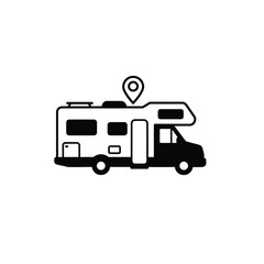 Black silhouette of a camper van with a G P S pin icon
