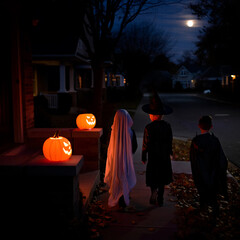 Children in Halloween Costumes Trick or Treating on a Spooky Night