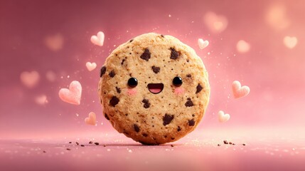 Delightful chocolate chip cookie character radiating happiness and surrounding itself with sweet pink hearts on a lovely pink background.